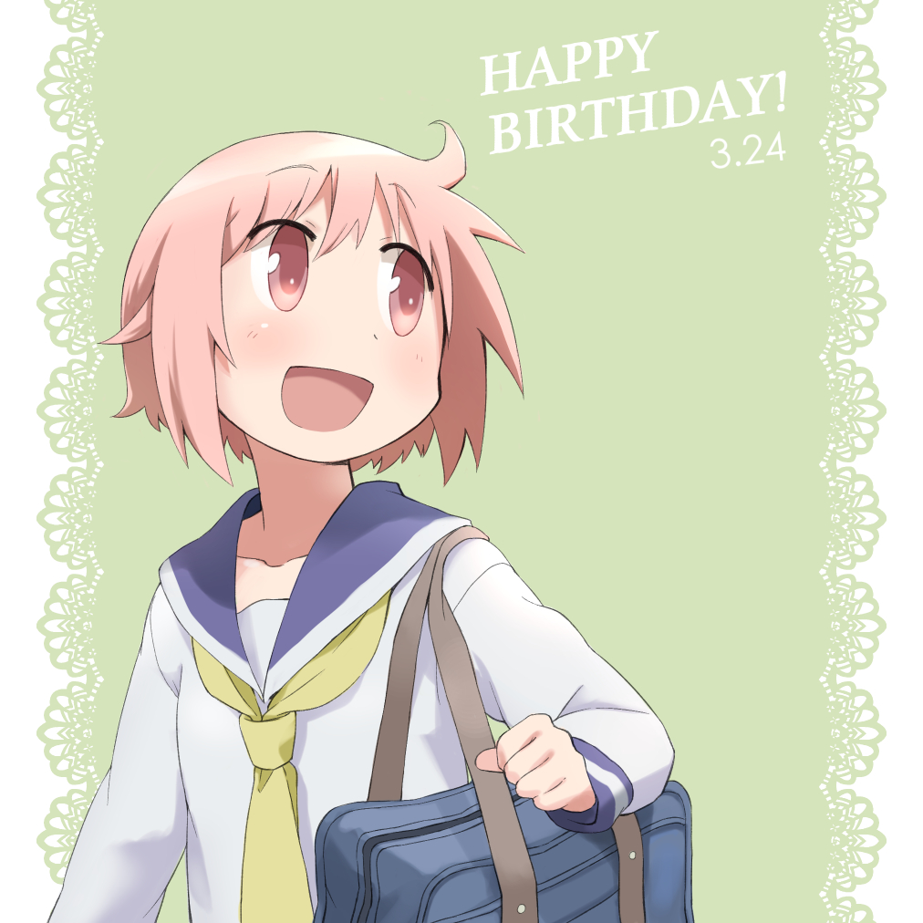 ahoge bag blush bookbag collarbone english green_background happy_birthday necktie nonohara_yuzuko okayparium open_mouth pink_eyes pink_hair school_uniform serafuku short_hair smile yellow_necktie yuyushiki