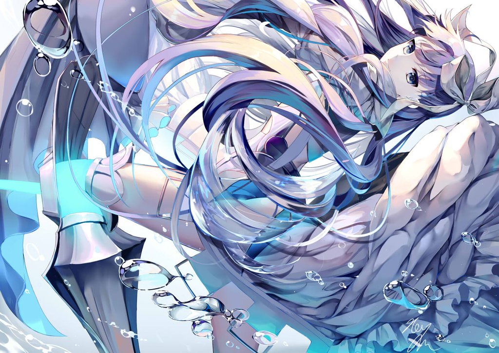 1girl air_bubble armor armored_boots artist_name bangs blue_eyes boots bubble closed_mouth fate/extra fate/extra_ccc fate/grand_order fate_(series) from_side light_smile long_hair long_sleeves looking_at_viewer looking_back meltlilith okotoburi over-kneehighs purple_hair signature smile solo thigh-highs thighs underwater