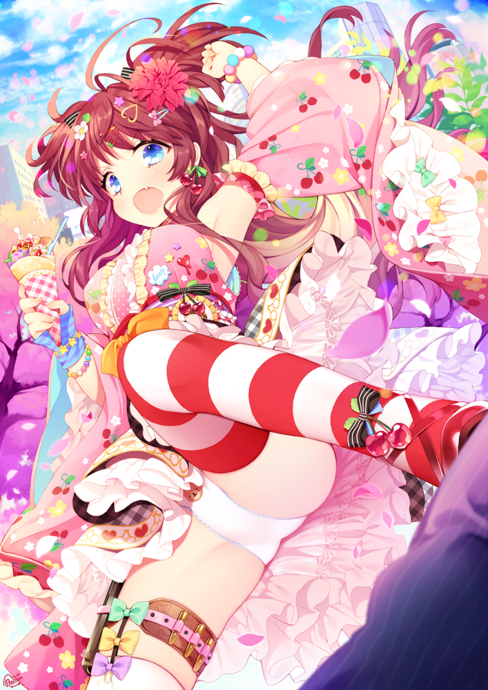 1girl :o animal_print armpits bangs bear_panties bear_print blue_eyes bow bracelet brown_hair bullet byulzzimon cherry cherry_blossoms cherry_earrings cherry_print city colorful crepe detached_sleeves earrings fang flower food food_print food_themed_earrings frilled_kimono frilled_skirt frills fruit hair_flower hair_ornament hairclip heart heart_hair_ornament ice_cream japanese_clothes jewelry kimono long_hair open_mouth original outdoors panties print_kimono print_panties ribbon skirt sky solo star star_hair_ornament striped striped_legwear thigh-highs thigh_strap two_side_up underwear upskirt v-shaped_eyebrows wide_sleeves