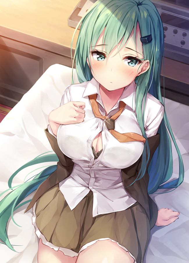 1girl aqua_eyes aqua_hair arm_support bed bed_sheet black_bra blazer blouse blush bra bra_peek breasts brown_jacket brown_skirt cleavage exe_(xe) from_above furniture glint hair_between_eyes hair_ornament hairclip hand_on_own_chest indoors jacket jacket_pull kantai_collection large_breasts lips long_hair looking_at_viewer looking_to_the_side miniskirt necktie off_shoulder on_bed pleated_skirt remodel_(kantai_collection) school_uniform see-through sitting skirt solo sparkle suzuya_(kantai_collection) unbuttoned unbuttoned_shirt underwear undressing very_long_hair white_blouse