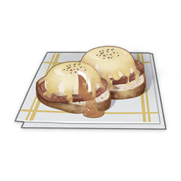 adventurer's_breakfast_sandwich_(genshin_impact) artist_request commentary egg egg_yolk english_commentary food food_focus genshin_impact ham lowres meat muted_color napkin no_humans official_art still_life third-party_source toast transparent_background