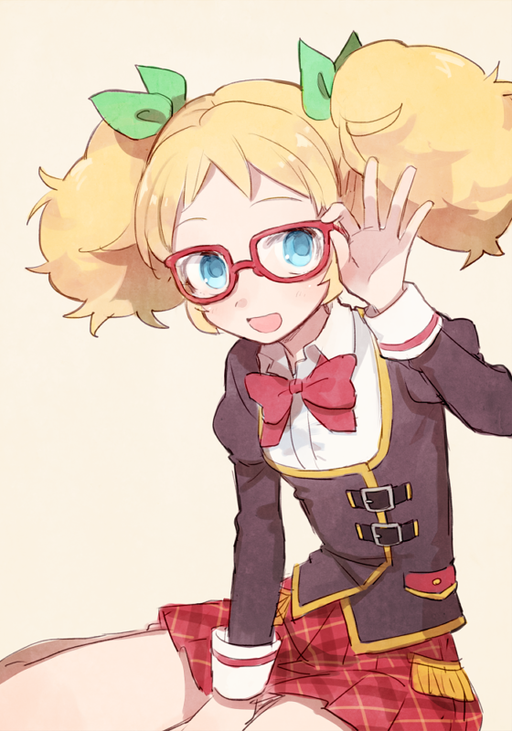 1girl :d adjusting_glasses aikatsu! bare_legs between_legs black_jacket blue_eyes blush bow bowtie buckle glasses green_ribbon hair_ribbon hand_between_legs jacket long_hair long_sleeves looking_at_viewer open_mouth plaid plaid_skirt pleated_skirt red-framed_eyewear red_bow red_bowtie red_skirt ribbon saegusa_kii shiny shiny_hair simple_background sitting sketch skirt sleeve_cuffs smile solo soto tareme twintails yellow_background