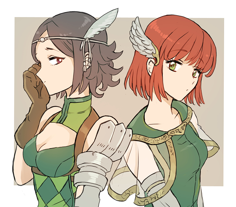 2girls adjusting_hair bare_shoulders black_hair bracer breasts circlet cleavage detached_collar dress fire_emblem fire_emblem:_kakusei fire_emblem:_rekka_no_ken gloves green_eyes leather leather_gloves looking_at_another looking_at_viewer multiple_girls noire_(fire_emblem) noshima priscilla_(fire_emblem) profile red_eyes redhead see-through short_hair upper_body wing_hair_ornament