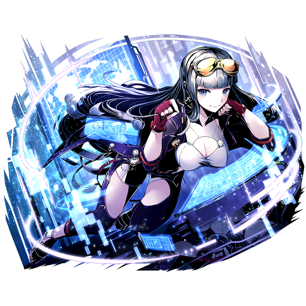 1girl black_jacket black_legwear blue_eyes breasts character_request cleavage cleavage_cutout divine_gate eyebrows_visible_through_hair fingerless_gloves floating_hair full_body glasses_on_head gloves grey_shirt grey_shorts jacket large_breasts long_hair looking_at_viewer open_clothes open_jacket purple_gloves shadow shirt short_shorts shorts silver_hair smile solo transparent_background ucmm very_long_hair