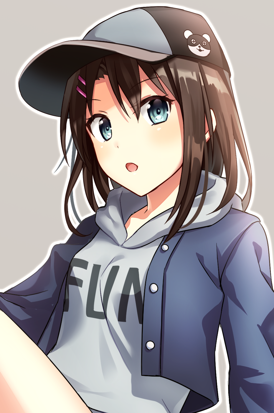 1girl arm_support bang_dream! bare_legs baseball_cap black_hair blue_eyes hair_ornament hairclip hat highres hood hoodie jacket okusawa_misaki short_hair solo yuusa