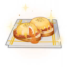 adventurer's_breakfast_sandwich_(genshin_impact) artist_request commentary egg egg_yolk english_commentary food food_focus genshin_impact ham lowres meat napkin no_humans official_art sparkle still_life third-party_source toast transparent_background