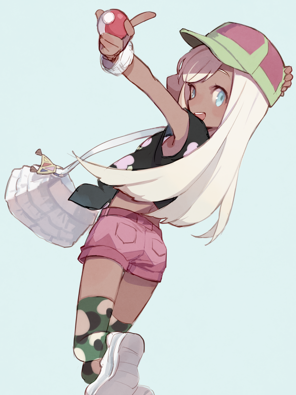 1girl :d arm_up armpits bag bangs bare_shoulders baseball_cap blue_eyes blush camouflage camouflage_legwear frilled_bag from_behind hand_on_headwear handbag hat holding holding_poke_ball long_hair one_leg_raised open_mouth original outstretched_arm pink_shorts pocket pointing pointing_at_viewer poke_ball pokemon round_teeth running shoes short_shorts shorts shoulder_bag silver_hair sleeveless smile solo soto straight_hair swept_bangs tank_top tareme teeth thigh-highs white_shoes wristband