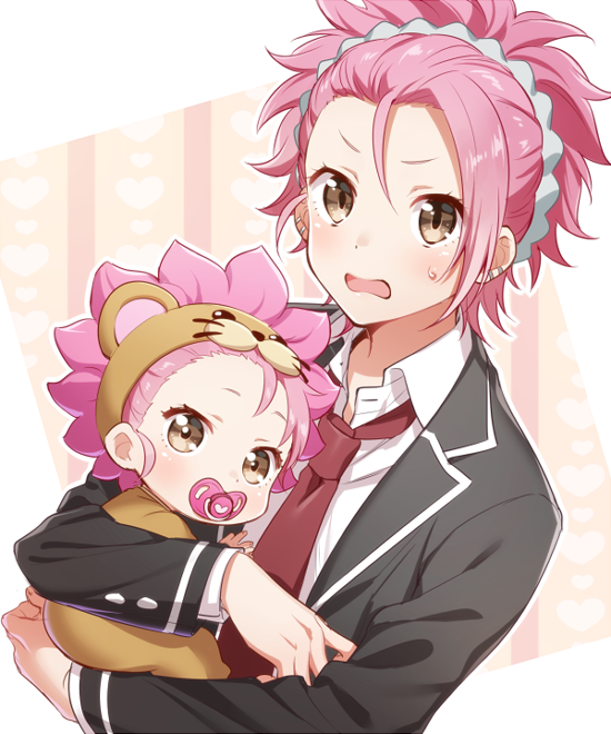 2boys animal_costume baby binan_koukou_chikyuu_bouei-bu_love! blush brown_eyes dual_persona lion_costume male_focus multiple_boys pacifier pink_hair smile sweatdrop time_paradox tsuchiya_(1315444) younger zaou_ryuu