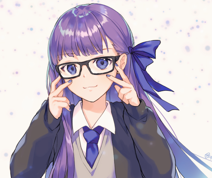 1girl :3 adjusting_glasses alternate_costume bangs bespectacled black-framed_eyewear black_jacket blue_eyes blue_nails blue_necktie blue_ribbon blunt_bangs blurry blush closed_mouth collared_shirt eyebrows_visible_through_hair fate/extra fate/extra_ccc fate_(series) fingernails glasses grey_background hair_ribbon jacket long_hair long_sleeves looking_at_viewer meltlilith naguri nail_polish necktie open_clothes open_jacket purple_hair ribbon shirt signature simple_background smile solo sweater_vest upper_body very_long_hair wing_collar