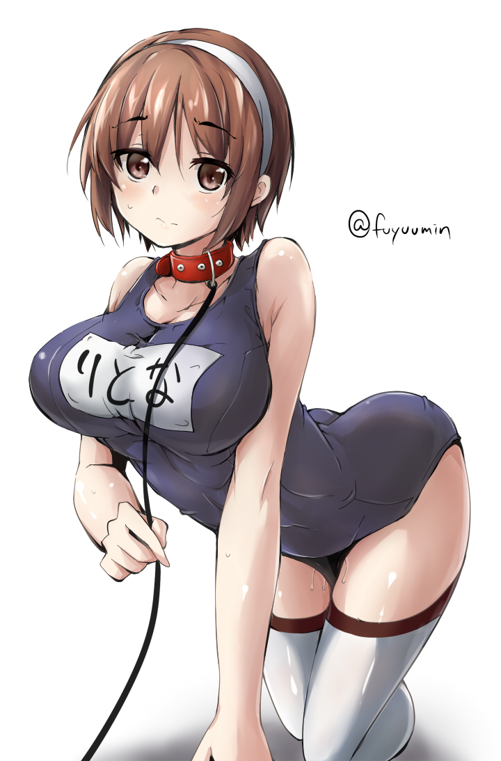 1girl all_fours arched_back bare_shoulders breasts brown_eyes brown_hair collar commentary_request eyebrows_visible_through_hair fuyu_mi hairband kantai_collection large_breasts leash looking_at_viewer name_tag natori_(kantai_collection) one-piece_swimsuit red_collar short_hair simple_background solo swimsuit thigh-highs twitter_username white_background white_hairband white_legwear