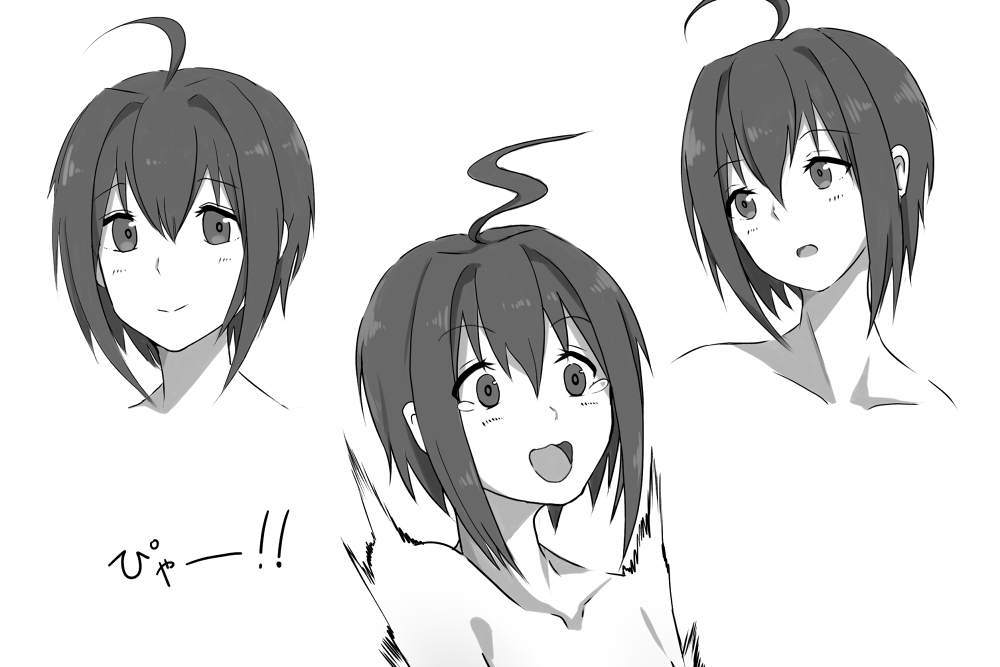 1girl ahoge black_hair blush expressions idolmaster idolmaster_cinderella_girls karikura_(atatata71) kohinata_miho monochrome open_mouth short_hair sketch smile