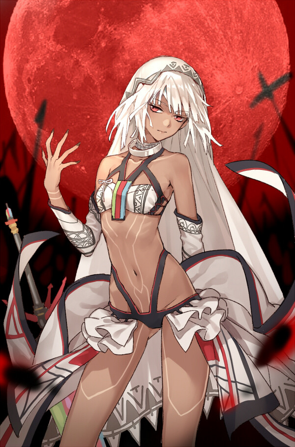 1girl altera_(fate) bare_shoulders black_nails dark_skin detached_sleeves fate/grand_order fate_(series) fhalei moon nail_polish navel red_eyes red_moon revealing_clothes ribbon short_hair solo tattoo veil white_hair white_ribbon