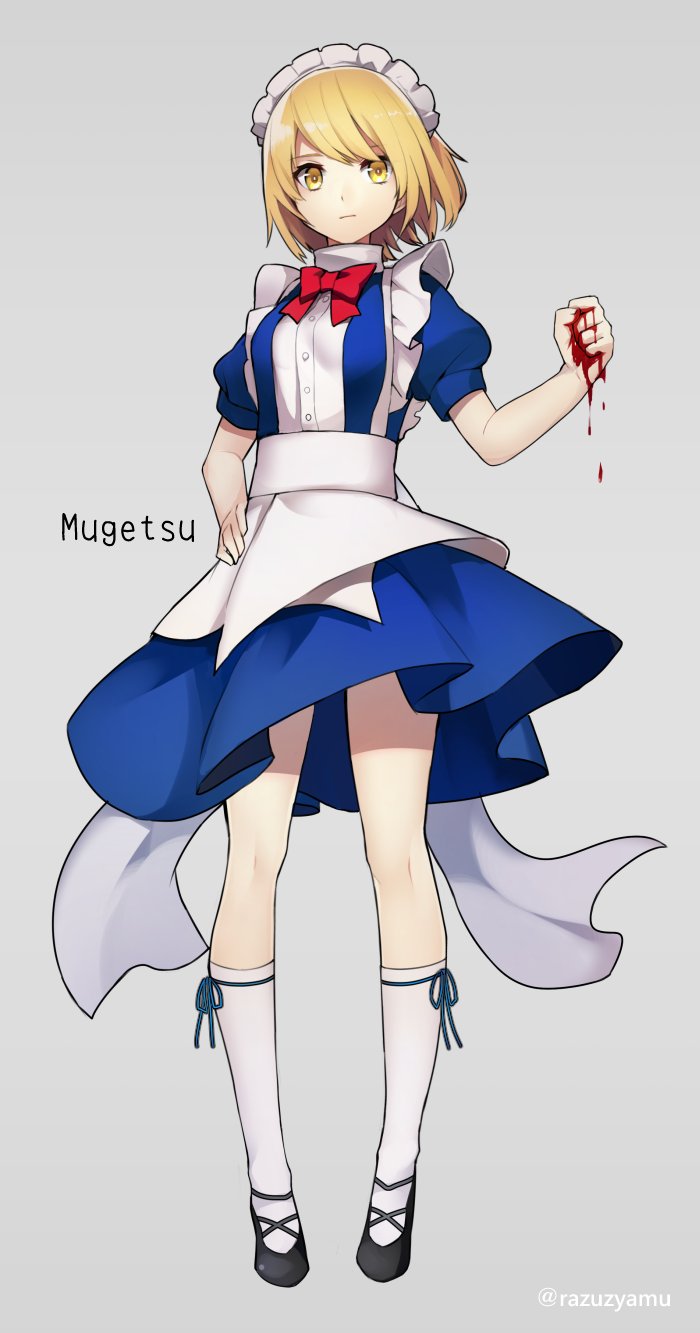 1girl apron blonde_hair blood bloody_hands blue_bow bow bowtie character_name full_body grey_background hair_ornament hand_on_hip highres kneehighs looking_at_viewer maid maid_headdress mugetsu puffy_short_sleeves puffy_sleeves razuzyamu red_bow red_bowtie ribbon shoes short_hair short_sleeves simple_background socks solo touhou touhou_(pc-98) twitter_username yellow_eyes