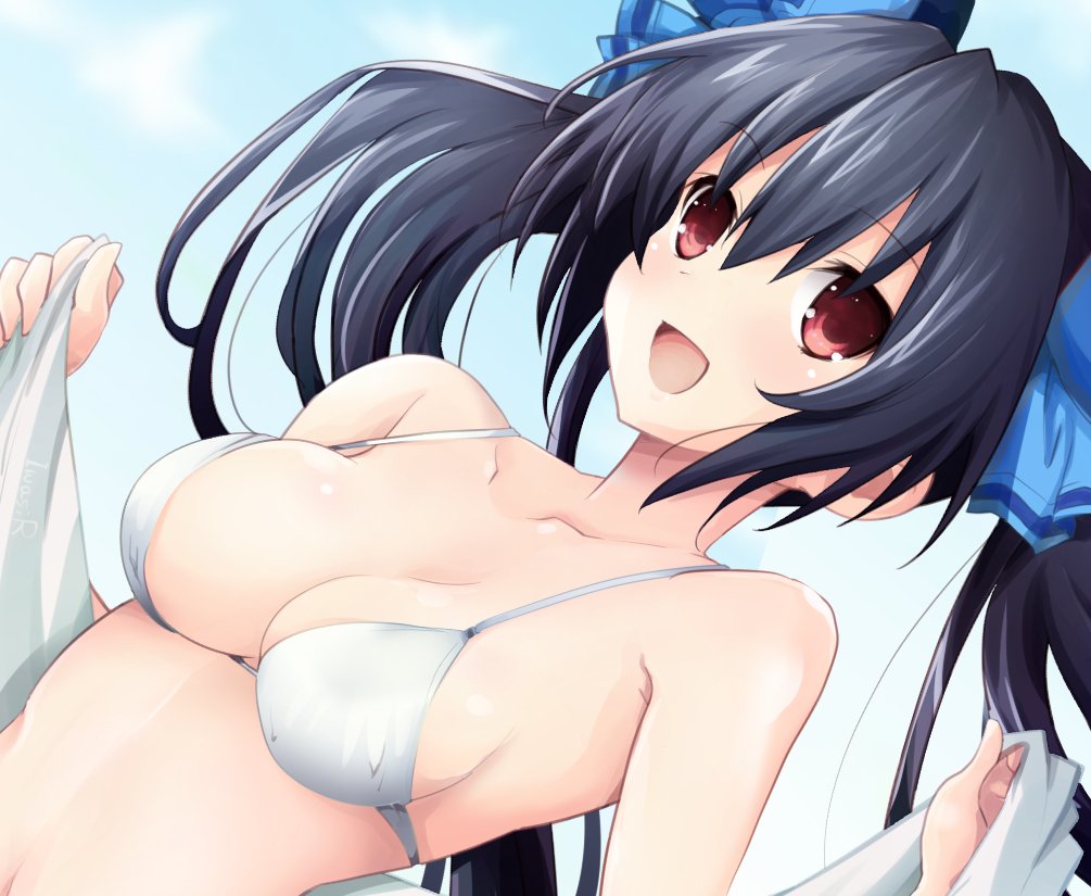 10s 1girl bikini blush breasts choujigen_game_neptune cleavage clouds collarbone hair_ribbon iwasi-r kami_jigen_game_neptune_v long_hair looking_at_viewer medium_breasts neptune_(series) noire open_mouth outdoors red_eyes ribbon shiny shiny_hair shiny_skin sky smile swimsuit twintails upper_body