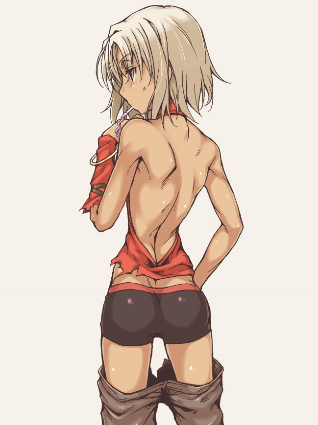 1girl 428 ass backless_outfit bare_back bare_shoulders brown_hair canaan canaan_(character) commentary_request dark_skin from_behind grey_background mouth_hold pants_pull simple_background solo sweatdrop underwear wanabeee white_hair