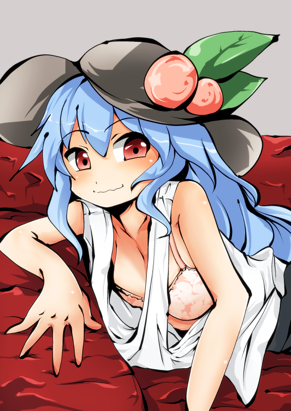 1girl alternate_costume blue_hair blush bra breasts food food_on_head fruit fruit_on_head hat hinanawi_tenshi komojino-u leaf long_hair looking_at_viewer lounging medium_breasts object_on_head peach red_eyes solo touhou underwear wavy_mouth