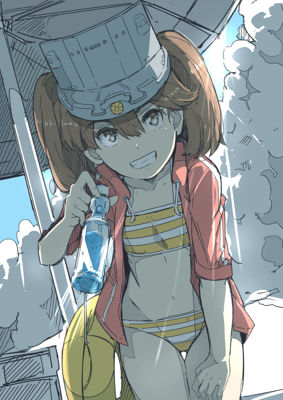 1girl alternate_costume backlighting beach_umbrella bikini bottle brown_eyes brown_hair clouds collarbone cowboy_shot day drawstring eyebrows_visible_through_hair grin hair_between_eyes hand_on_own_thigh holding holding_bottle innertube jacket kantai_collection leaning_forward long_hair looking_at_viewer navel ninimo_nimo open_clothes open_jacket outdoors partially_colored red_jacket ryuujou_(kantai_collection) short_sleeves smile solo standing stomach striped striped_bikini sun sunlight swimsuit tareme teeth thigh_gap twintails umbrella visor_cap