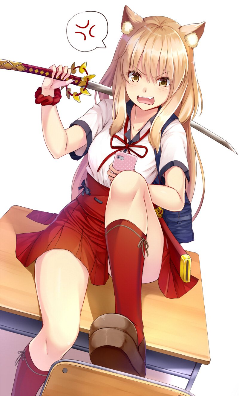 &gt;:o 1girl :o anger_vein angry animal_ears bag bangs blonde_hair blush breasts cellphone chair desk fang fate/extra_ccc_fox_tail fate_(series) fox_ears hair_between_eyes high-waist_skirt highres holding holding_sword holding_weapon katana loafers long_hair medium_breasts neck_ribbon noe_noel on_desk open_mouth over_shoulder phone red_legwear red_ribbon red_skirt ribbon saber_(fate/extra_ccc_fox_tail) scabbard school_bag school_desk scrunchie sheath shirt shoes shorts sitting sitting_on_desk skirt smartphone socks solo spoken_anger_vein sword weapon weapon_over_shoulder white_shirt wrist_scrunchie yellow_eyes