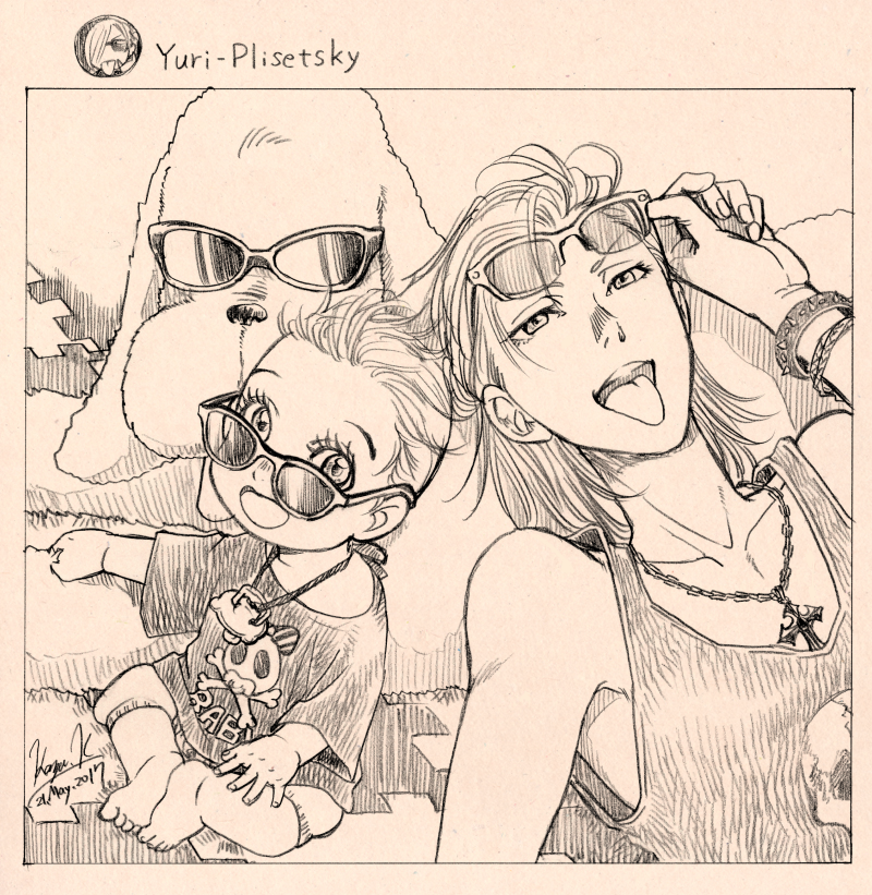 2017 2boys baby bracelet cross cross_necklace dated dog graphite_(medium) jewelry kodaka_kazuma lying makkachin male_focus monochrome multiple_boys necklace on_back open_mouth pacifier signature sitting smile spiked_bracelet spikes sunglasses sunglasses_on_head tank_top tongue tongue_out traditional_media yuri!!!_on_ice yuri_plisetsky