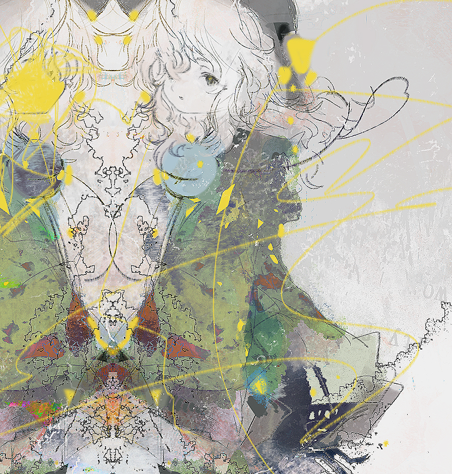 1girl abstract abstract_background anabone different_reflection eyeball green_shirt komeiji_koishi long_sleeves open_mouth reflection shirt short_hair silver_hair solo third_eye touhou yellow_eyes