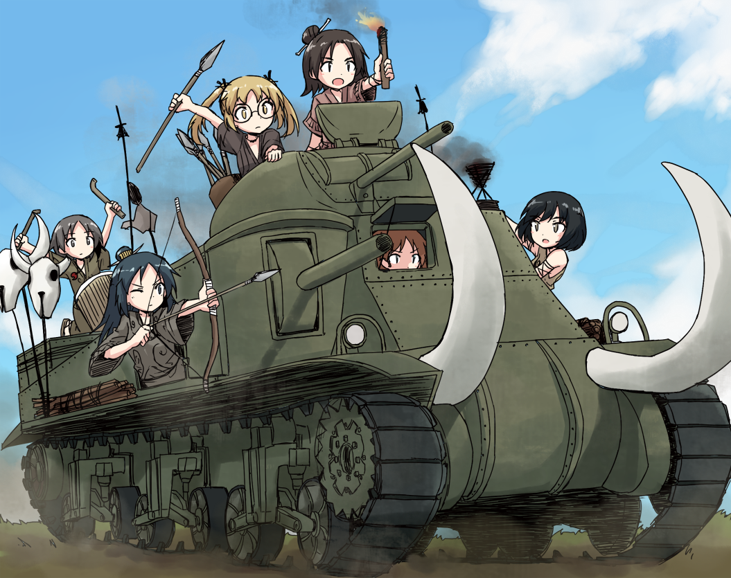 6+girls alternate_costume arrow bangs black_eyes black_hair black_ribbon blue_eyes blue_hair bow_(weapon) brown_eyes brown_hair closed_mouth clouds cloudy_sky commentary driving dust_cloud girls_und_panzer glasses ground_vehicle hair_ribbon holding holding_weapon kakizaki_(chou_neji) kneeling long_hair m3_lee maruyama_saki metal_max military military_vehicle motor_vehicle multiple_girls one_eye_closed oono_aya outdoors parted_bangs polearm ribbon riding round_glasses sakaguchi_karina sawa_azusa short_hair sky smoke spear tank torch tusks twintails utsugi_yuuki weapon yamagou_ayumi