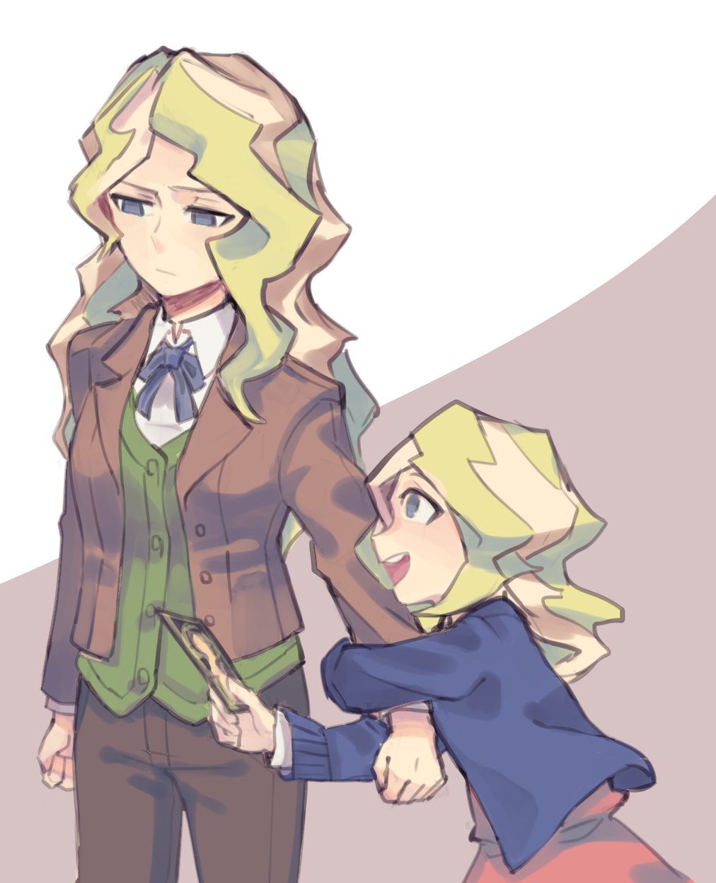 2girls blonde_hair blue_eyes blush child diana_cavendish dual_persona formal highres jacket little_witch_academia long_hair multiple_girls open_mouth smile suit toy younger