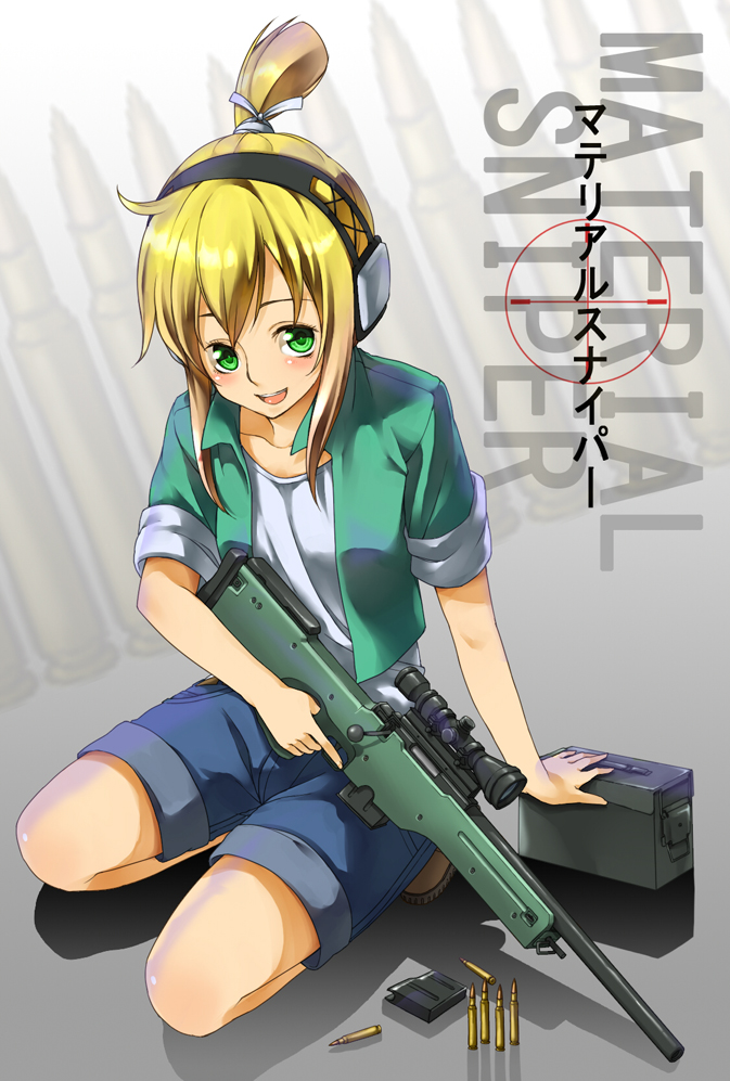 1girl ammo_box arm_support blonde_hair bolt_action boots bullet copyright_name ear_protection earmuffs green_eyes gun hair_tie iris_(material_sniper) kneeling liminarity looking_at_viewer magazine_(weapon) material_sniper ponytail reflective_floor rifle scope shirt shorts sidelocks sleeves_rolled_up smile solo t-shirt trigger_discipline weapon weapon_request