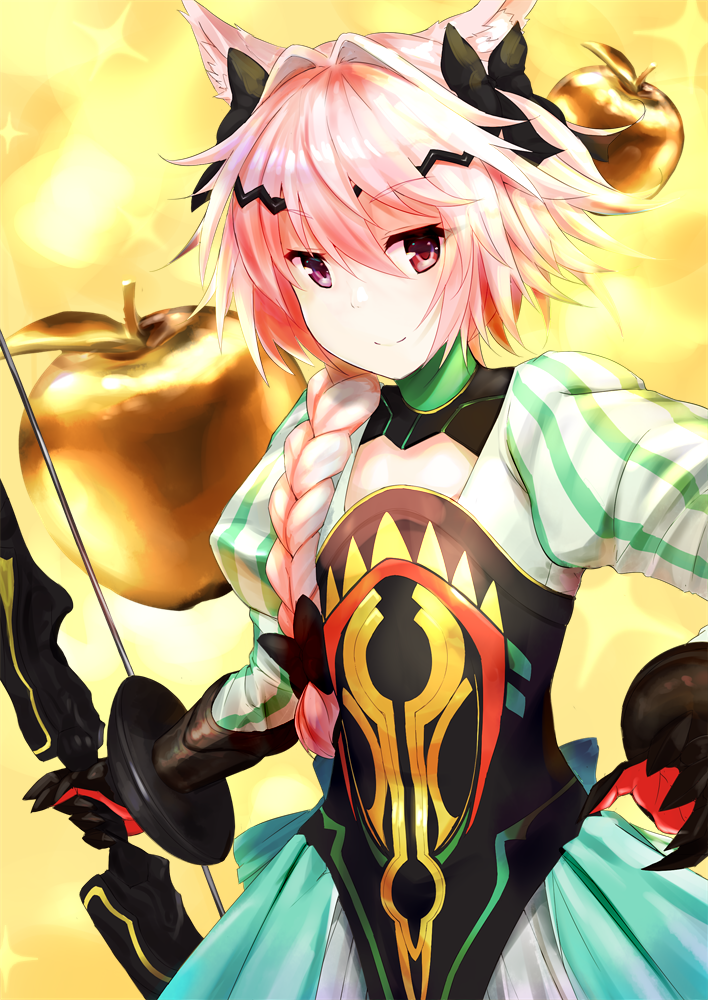 1boy apple archer_of_red archer_of_red_(cosplay) bare_shoulders blush bow_(weapon) braid cosplay fate/apocrypha fate_(series) food fruit golden_apple hair_ribbon long_hair looking_at_viewer male_focus p_answer pink_hair ribbon rider_of_black single_braid smile solo trap violet_eyes weapon
