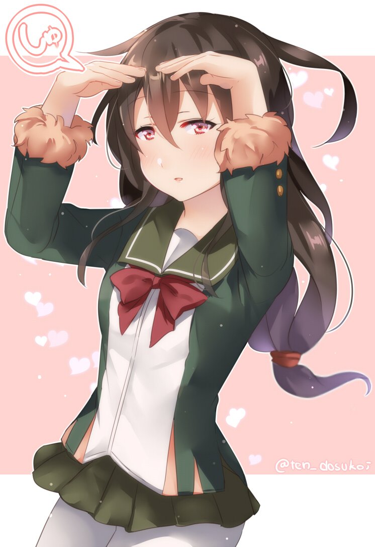 1girl ahoge black_hair blush bow breasts commentary_request cosplay eyebrows_visible_through_hair fur_trim green_jacket green_skirt hair_between_eyes hatsushimo_(kantai_collection) jacket juurouta kantai_collection long_hair long_sleeves looking_at_viewer low_tied_hair pantyhose parted_lips pink_background pleated_skirt red_bow red_eyes shimushu_(kantai_collection) shimushu_(kantai_collection)_(cosplay) shirt skirt solo twitter_username white_legwear white_shirt