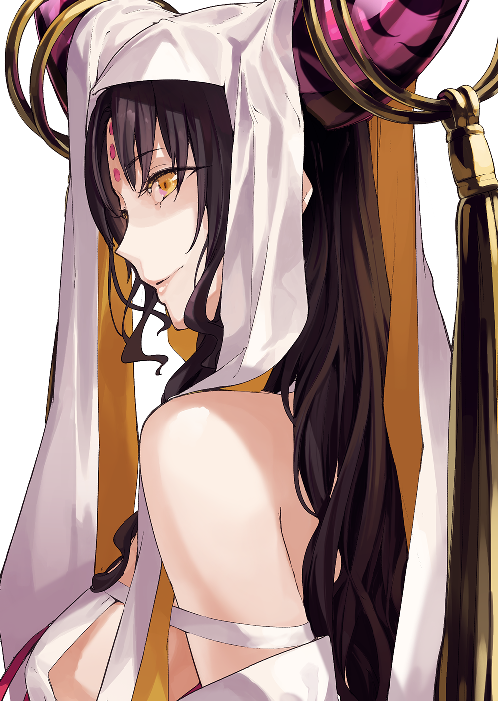 bare_shoulders black_hair breasts eyebrows_visible_through_hair eyelashes fate/grand_order fate_(series) highres horn_ring horns la-na lips sesshouin_kiara sideboob sile white_background yellow_eyes