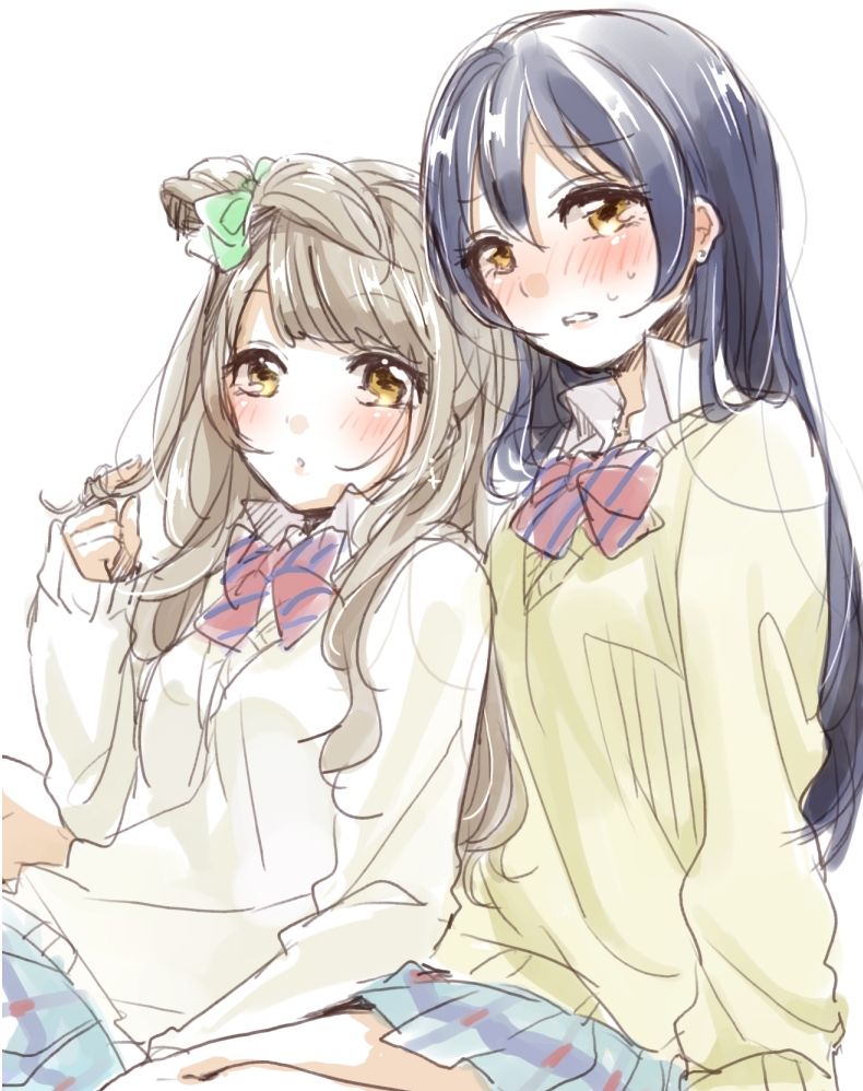 2girls aoi_chiruko blue_hair blush bow brown_hair commentary_request green_bow hair_between_eyes hair_bow light_brown_hair long_hair looking_at_viewer love_live! love_live!_school_idol_project lying minami_kotori multiple_girls open_mouth pleated_skirt simple_background sketch skirt sonoda_umi staring striped striped_bow white_background