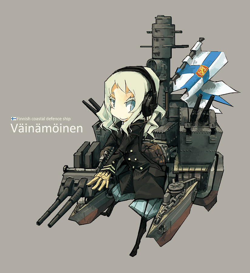 1girl black_coat blue_eyes cannon coat finnish_flag gloves headphones kome long_sleeves machinery mecha_musume military military_uniform military_vehicle original personification propeller ship simple_background solo turret uniform vainamoinen_(ship) warship watercraft white_hair