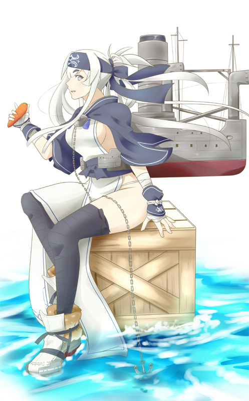 1girl ainu_clothes anchor bandanna black_legwear blue_eyes carrot crate dress folded_ponytail gudon_(iukhzl) headband kamoi_(kantai_collection) kantai_collection long_hair long_sleeves machinery profile sidelocks sleeveless sleeveless_dress solo thick_eyebrows thigh-highs water white_hair wrist_guards