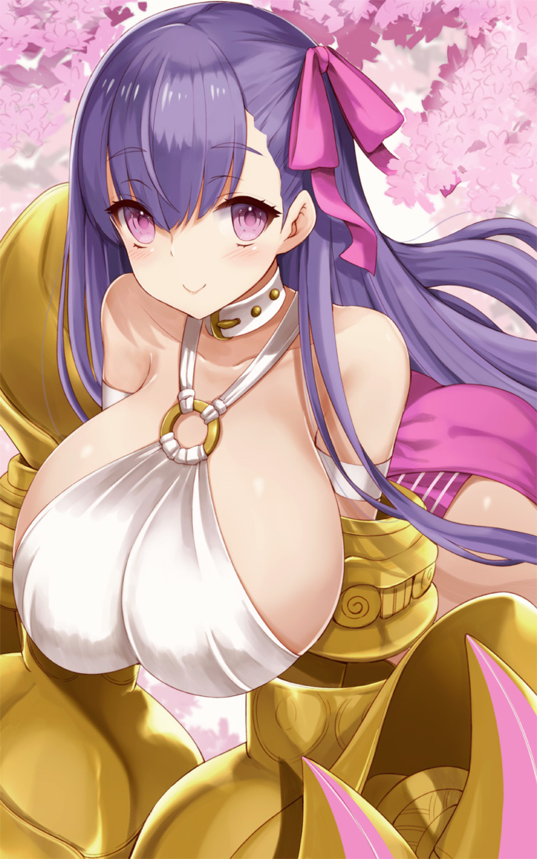 1girl :&gt; belt_collar blush bow breasts cleavage fate/extra fate/extra_ccc fate/grand_order fate_(series) hair_bow hair_ribbon highres huge_breasts long_hair looking_at_viewer no_legwear o-ring_top parted_lips passion_lip pink_eyes purple_hair ribbon sideboob skindentation smile solo v_arms very_long_hair yuzu-aki