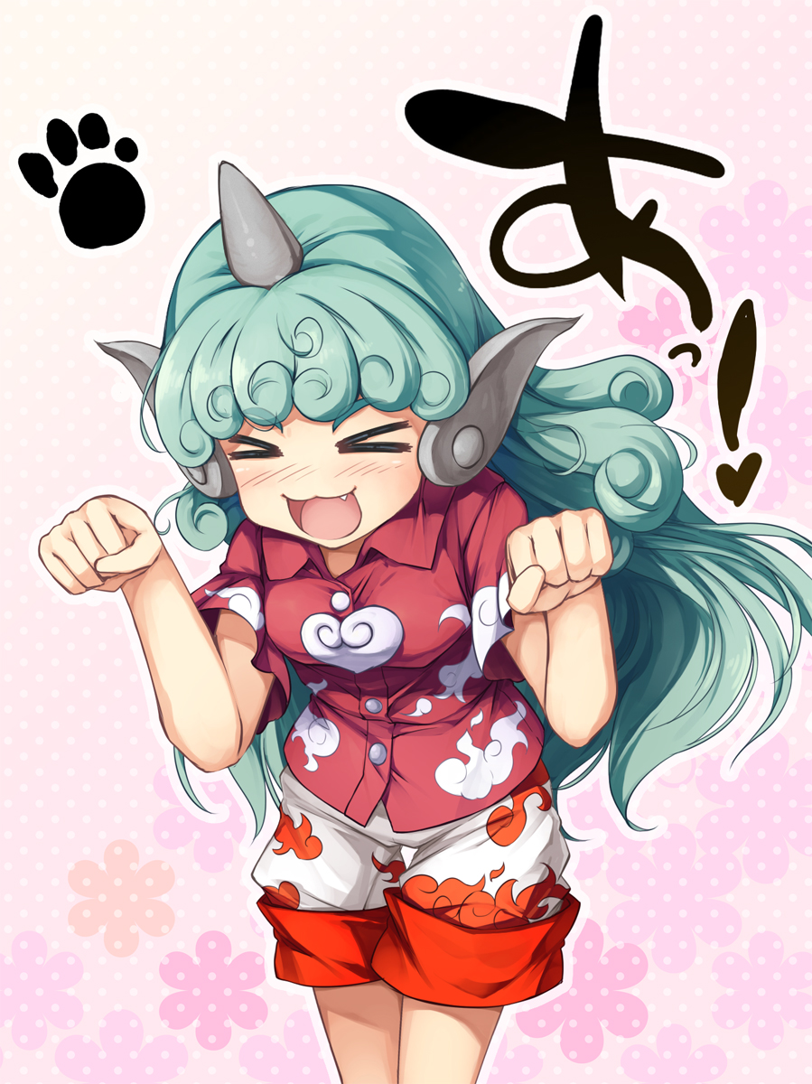 &gt;_&lt; 1girl :3 animal_ears buttons chima_q clenched_hands closed_eyes curly_hair fang green_hair highres horn kariyushi_shirt komano_aunn long_hair open_mouth paw_pose paw_print pink_background polka_dot polka_dot_background red_shirt shirt short_sleeves shorts smile solo touhou