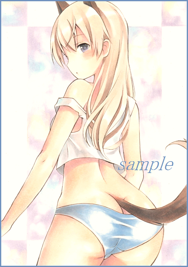 1girl :o animal_ears ass bangs blonde_hair blue_eyes blue_panties blush butt_crack colored_pencil_(medium) cowboy_shot eila_ilmatar_juutilainen eyebrows_visible_through_hair from_behind long_hair looking_at_viewer looking_back marker_(medium) midriff panties parted_lips potto sample solo strap_slip strike_witches tail tank_top traditional_media underwear world_witches_series