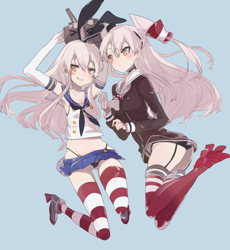 2girls agu amatsukaze_(kantai_collection) armpits black_panties blonde_hair blue_background blush bow breasts brown_eyes choker cleavage commentary_request elbow_gloves full_body garter_straps gloves grin hair_between_eyes hair_bow hairband hat highleg highleg_panties kantai_collection legs_up long_hair microskirt midriff mini_hat multiple_girls panties pleated_skirt red_legwear rensouhou-chan sailor_collar shimakaze_(kantai_collection) sidelocks simple_background skirt small_breasts smile string_panties striped striped_legwear suspenders thigh-highs two_side_up underwear white_gloves