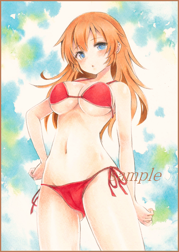 1girl :o bangs bikini blue_eyes blush charlotte_e_yeager colored_pencil_(medium) cowboy_shot eyebrows_visible_through_hair hand_on_hip long_hair looking_at_viewer marker_(medium) multicolored multicolored_background navel orange_hair parted_lips potto red_bikini sample side-tie_bikini solo strike_witches swimsuit thighs traditional_media watercolor_(medium) world_witches_series