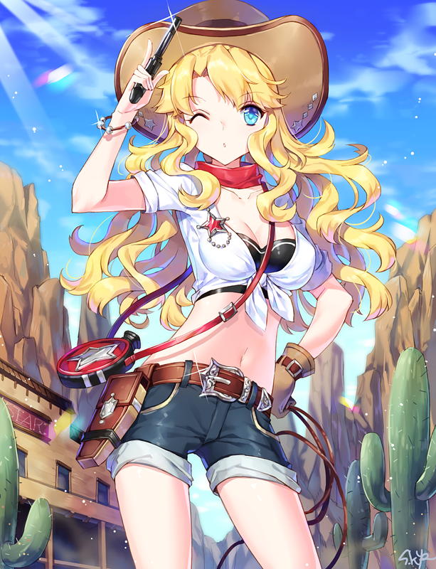 1girl aqua_eyes arm_up blonde_hair blue_sky breasts brown_gloves cactus clouds collarbone cowboy cowboy_hat eyebrows eyebrows_visible_through_hair gloves gun hand_on_hip hat holding holding_gun holding_rope holding_weapon long_hair natsu_(759aqsw) navel one_eye_closed original pose short_sleeves shorts sky weapon western