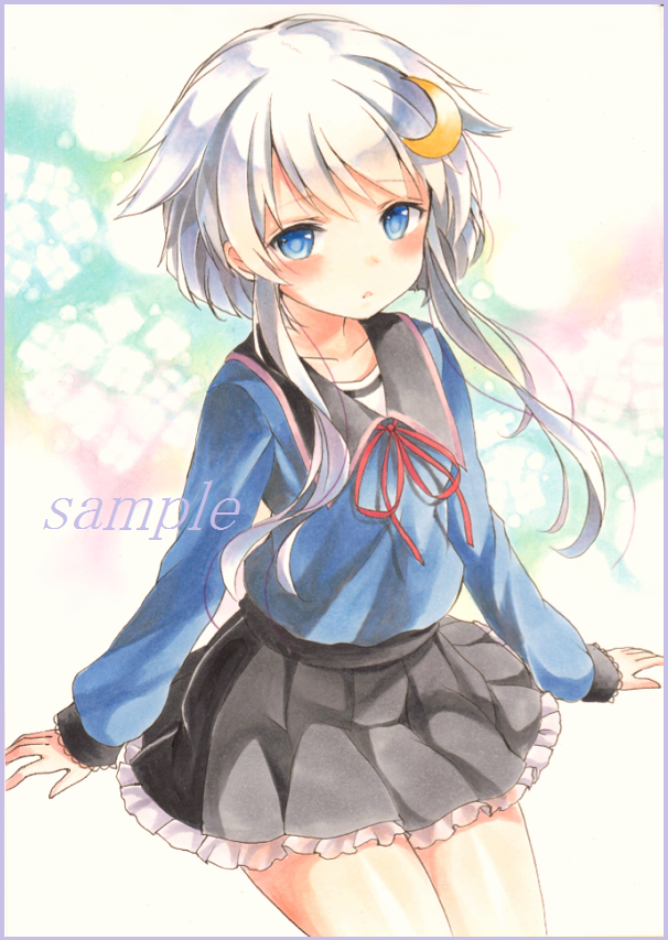 1girl bangs black_skirt blue_eyes blush colored_pencil_(medium) cowboy_shot crescent crescent_hair_ornament eyebrows_visible_through_hair grey_hair hair_ornament kantai_collection legs_together long_hair long_sleeves looking_at_viewer marker_(medium) parted_lips pleated_skirt potto red_ribbon ribbon sample shiny shiny_hair short_hair_with_long_locks silver_hair skirt solo thighs traditional_media yayoi_(kantai_collection)