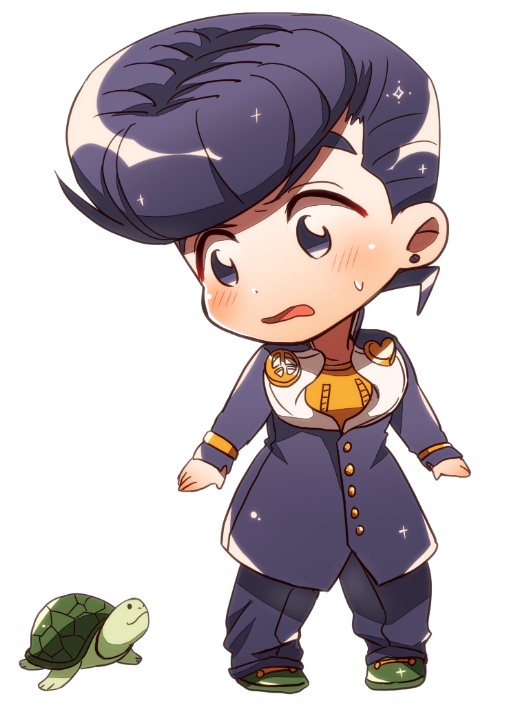 1boy chibi earrings gakuran heart higashikata_jousuke io_(ike_ike) jewelry jojo_no_kimyou_na_bouken male_focus open_mouth peace_symbol pin pompadour purple_hair school_uniform solo stud_earrings sweatdrop turtle violet_eyes