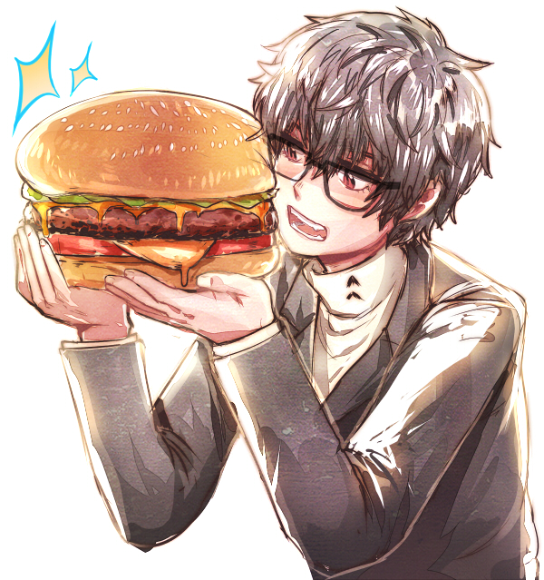 1boy black_hair brown_eyes commentary eating food glasses hamburger kataro kurusu_akira persona persona_5 school_uniform short_hair