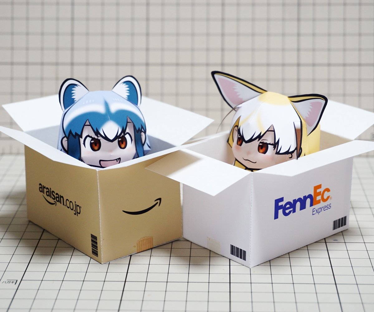 2girls amazon_(company) animal_ears blonde_hair bow bowtie box brand_name_imitation cardboard_box common_raccoon_(kemono_friends) fang fedex fennec_(kemono_friends) fox_ears kemono_friends multicolored_hair multiple_girls open_mouth papercraft parody photo raccoon_ears short_hair smile