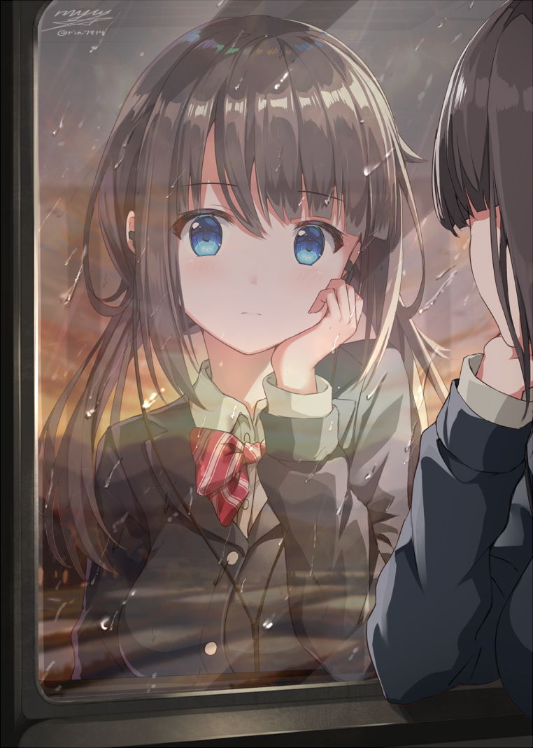 1girl :| arm_support bangs black_jacket blue_eyes blunt_bangs bow bowtie breasts brown_hair chin_rest closed_mouth collared_shirt earphones jacket long_hair long_sleeves looking_out_window original rain red_bow red_bowtie reflection rin_yuu school_uniform shirt signature train_interior twilight twitter_username water_drop window