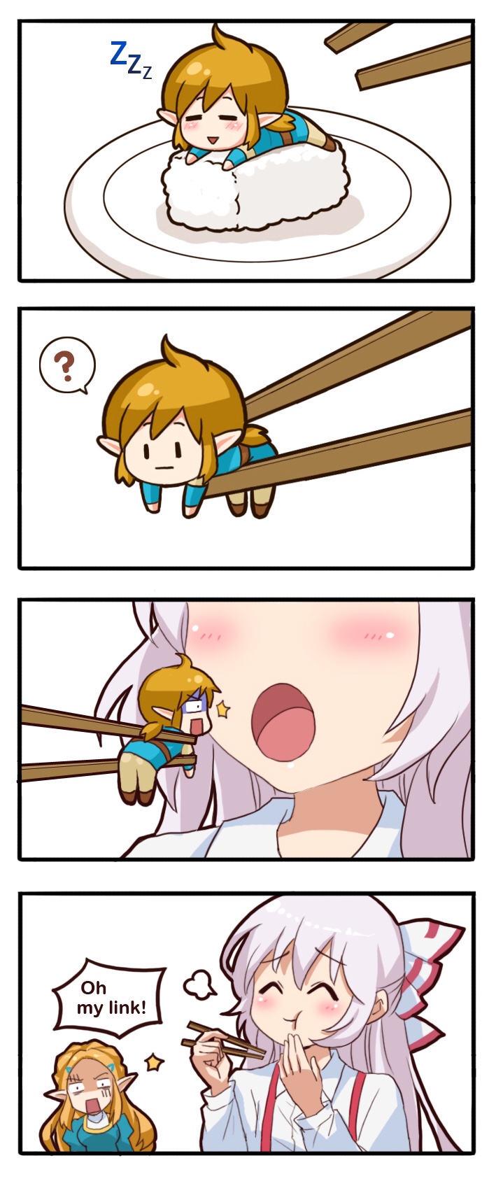 1boy 2girls 4koma ? ^_^ blonde_hair bow chopsticks closed_eyes comic crossover fujiwara_no_mokou hair_bow highres holding_chopsticks link long_hair long_sleeves multiple_girls open_mouth pointy_ears princess_zelda rice shangguan_feiying shirt short_hair spoken_question_mark suspenders the_legend_of_zelda touhou white_hair white_shirt