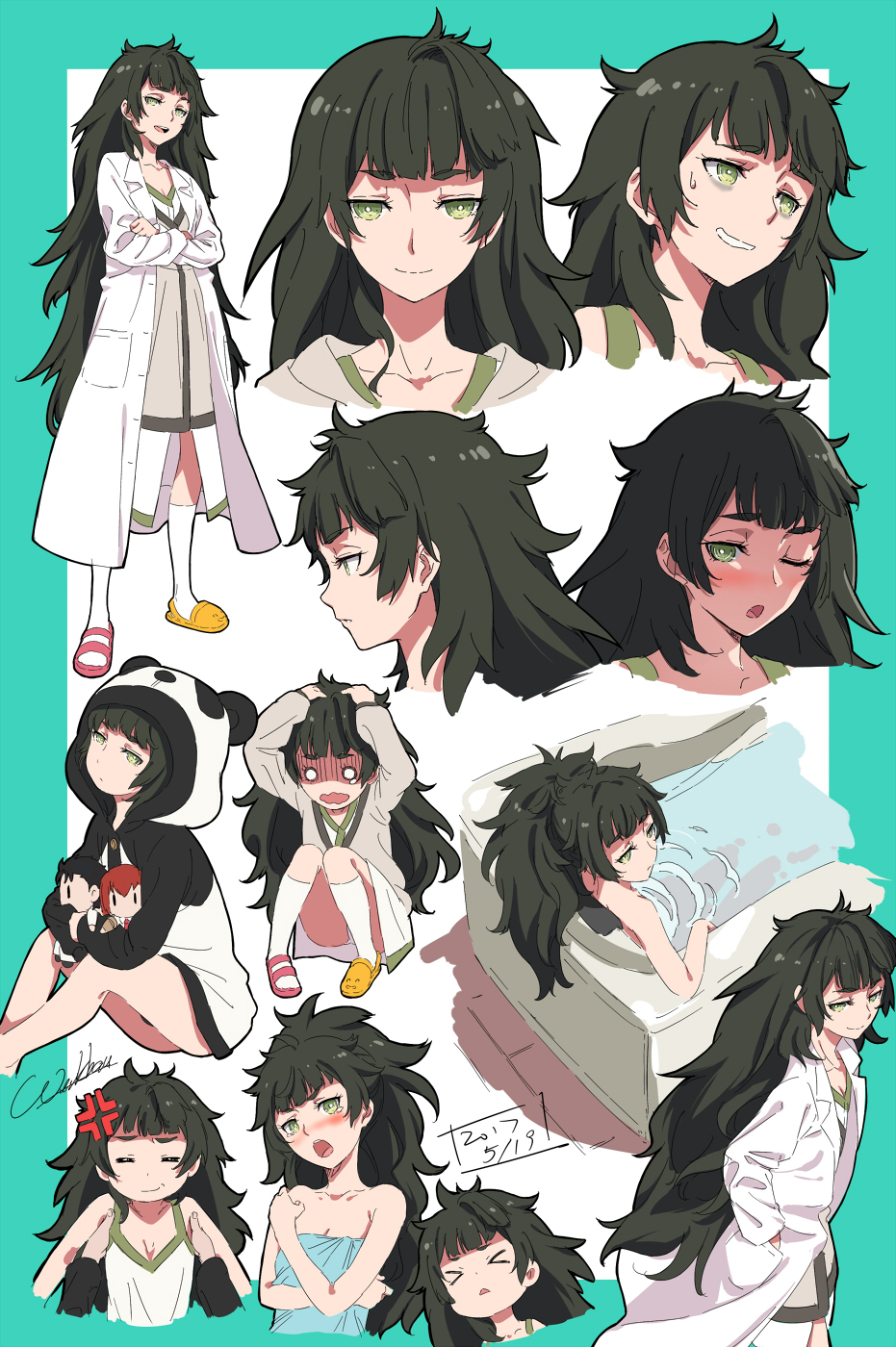 1girl anger_vein animal_hood bathtub black_hair blank_eyes blush border breasts character_doll cleavage cowboy_shot crocs crossed_arms doll full_body gloom_(expression) green_eyes hands_in_pockets highres hiyajou_maho holding_head hood labcoat long_hair looking_at_viewer makise_kurisu messy_hair mismatched_footwear multiple_views naked_towel nervous_smile okabe_rintarou one_eye_closed open_mouth panda_hood panties pantyshot pantyshot_(squatting) partially_submerged profile sandals sitting small_breasts smile solo squatting standing steins;gate steins;gate_zero sweatdrop tears towel underwear upper_body werkbau white_panties