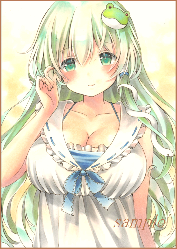 1girl blush breasts cleavage collarbone colored_pencil_(medium) dress frog_hair_ornament green_eyes green_hair hair_ornament kochiya_sanae large_breasts long_hair marker_(medium) potto potto_(minntochan) ribbon_trim sample smile snake_hair_ornament solo touhou traditional_media upper_body violet_eyes white_dress