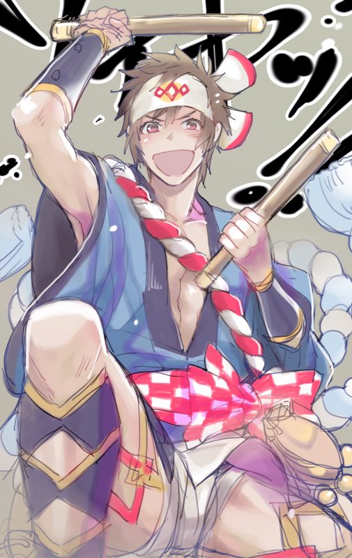 1boy arm_up brown_hair checkered drum_master_(granblue_fantasy) drumsticks fundoshi gran_(granblue_fantasy) granblue_fantasy hachimaki happi headband japanese_clothes looking_at_viewer male_focus obi red_eyes rope sash short_hair simple_background smile solo taiko_sticks tan_background