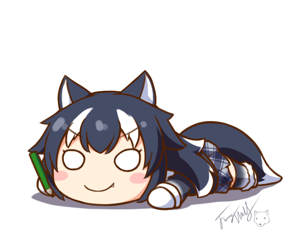 1girl animal_ears black_hair blush_stickers chibi fang grey_wolf_(kemono_friends) kemono_friends langbazi long_hair looking_at_viewer lying multicolored_hair o_o on_stomach signature simple_background solo tail two-tone_hair wolf_ears wolf_tail