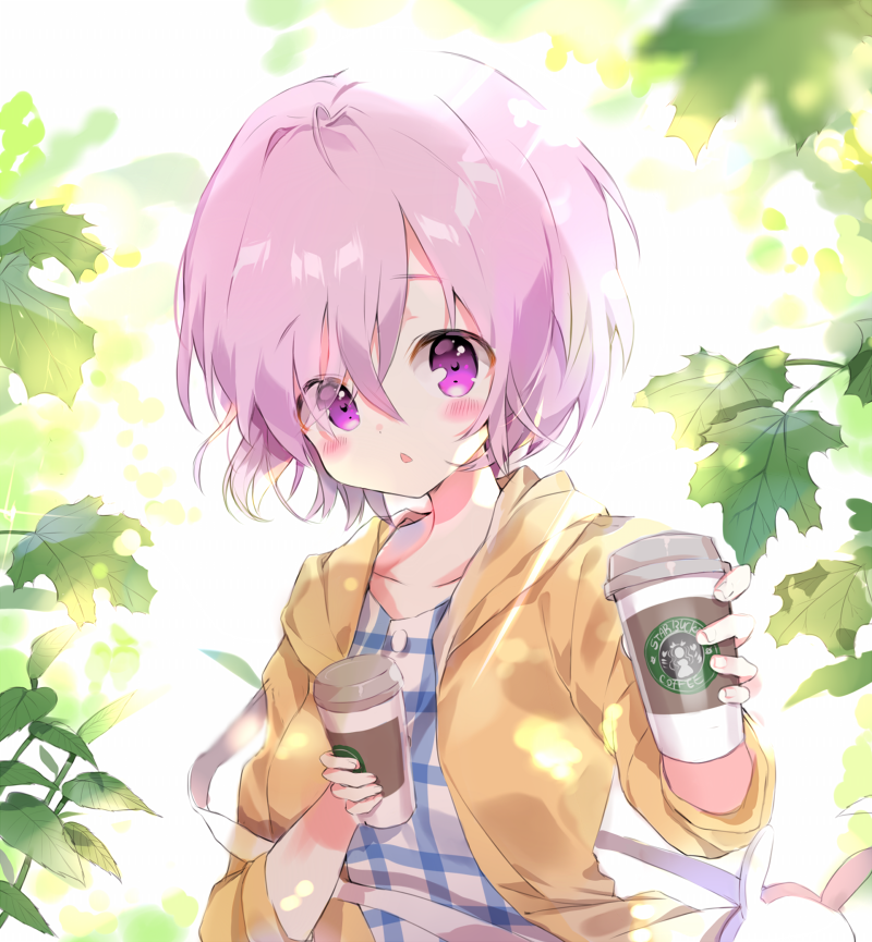 1girl ahoge bag beige_jacket blush coffee_cup dohj00 eyes_visible_through_hair fate_(series) hair_between_eyes hood hood_down hooded_jacket jacket leaf looking_at_viewer maple_leaf offering_drink open_mouth plaid purple_hair shielder_(fate/grand_order) short_hair shoulder_bag solo starbucks upper_body violet_eyes